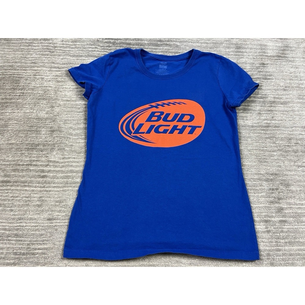 Bud Light Top Womens Small Blue Short Sleeve Fruit of the Loom Heavy Cotton‎ HD